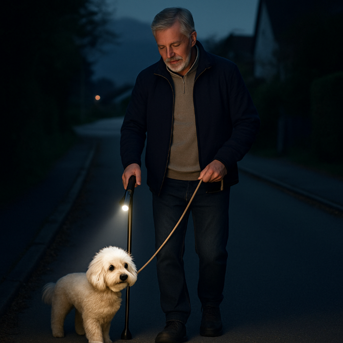 Faltbarer Gehstock mit integrierter LED-Lampe für Senioren – ideal für dunkle Wege und mehr Sicherheit im Alltag.